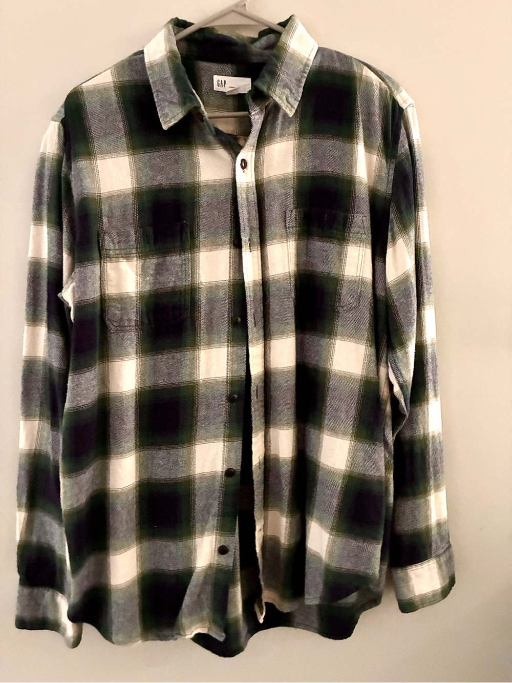 GAP Men's Green, Navy and White Plaid Flannel Shirt, Large